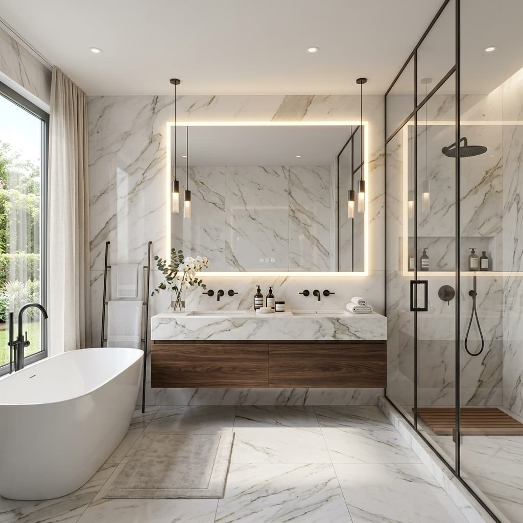 Baño principal en mármol con bañera exenta y ducha de cristal