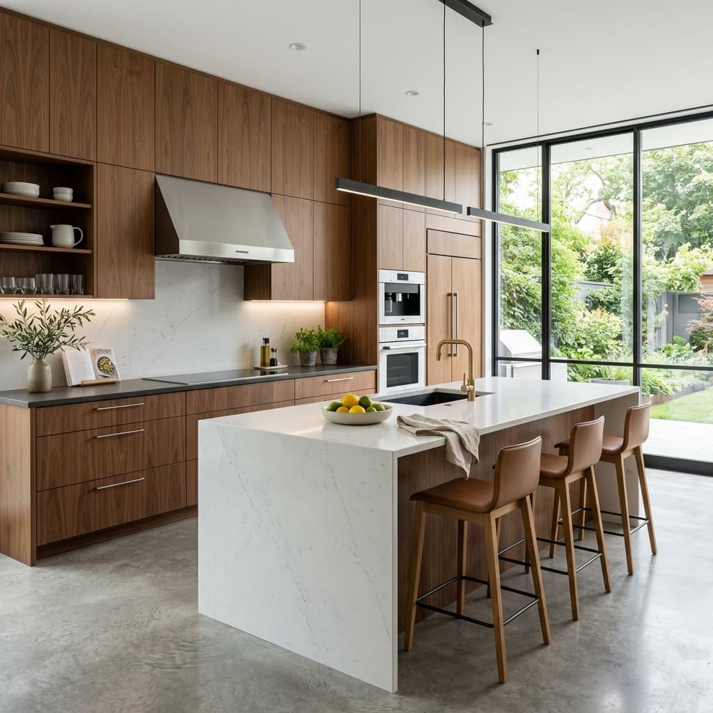 Cocina moderna con isla en mármol de una unidad de Residencial Aurora