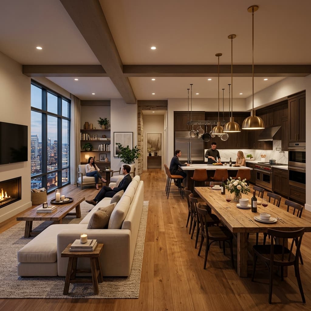Cocina y sala abiertas de una villa con acabados en madera
