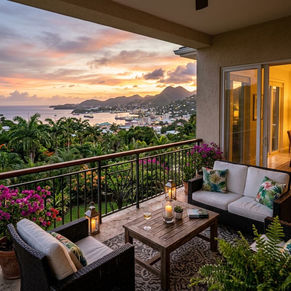 Terraza de villa con vista a la bahía al atardecer en Villas del Mar