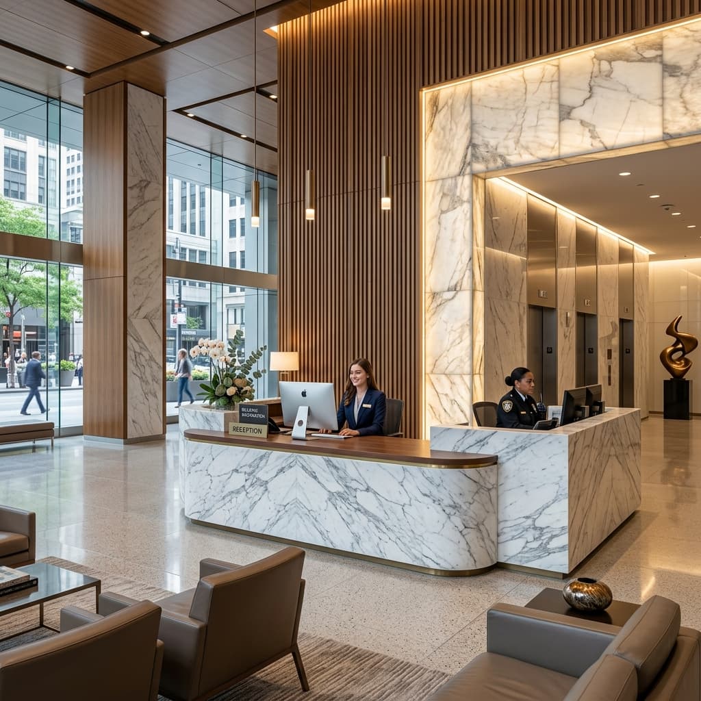 Lobby de mármol con recepción y concierge de Torre Nova