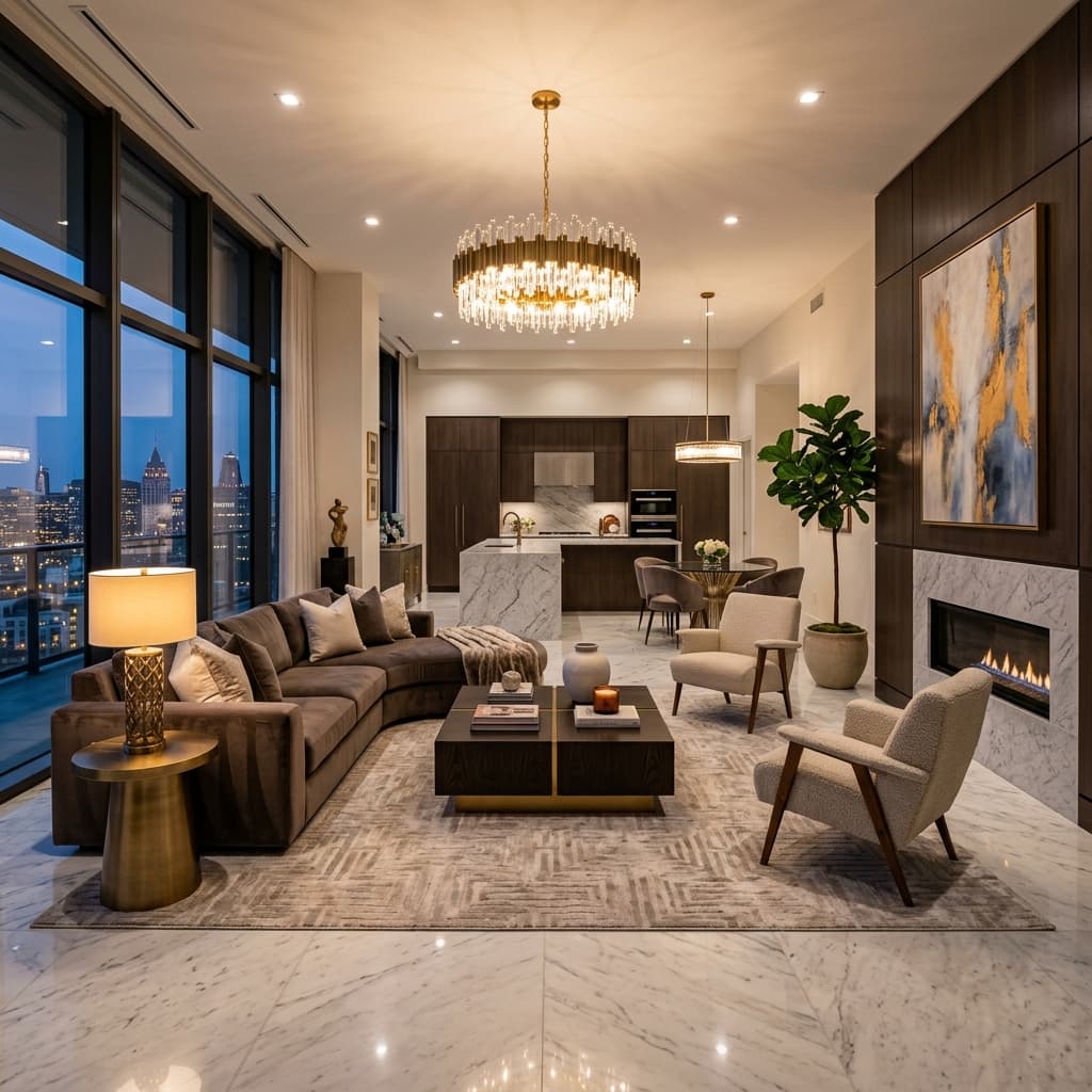 Sala de estar del penthouse de Torre Nova con vista al skyline