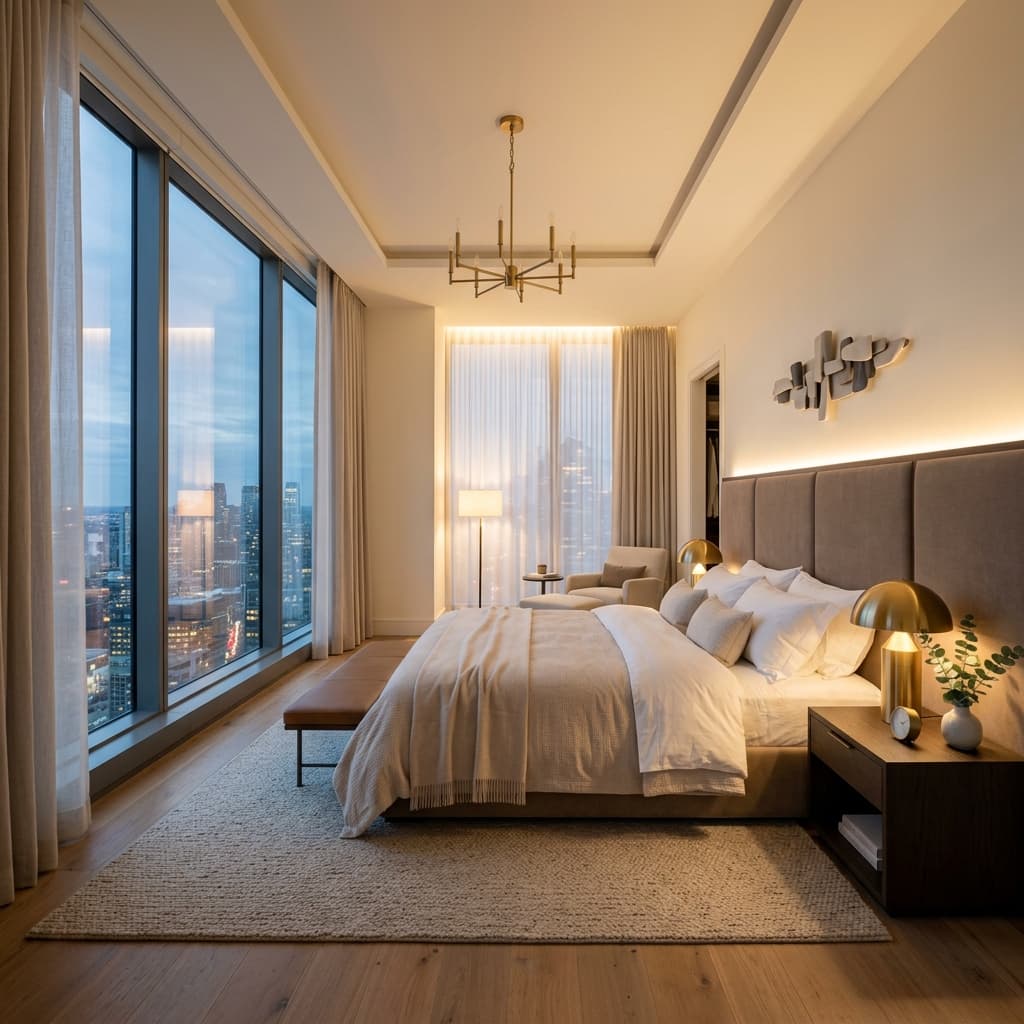 Habitación principal con ventanales de piso a techo en Torre Nova